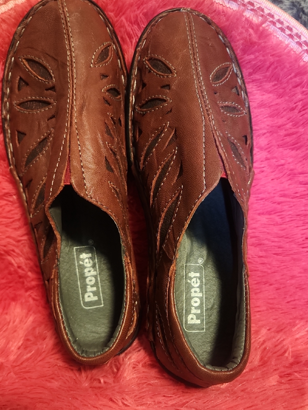 Propet Brown Leather Slip-On Loafers with Cutout Detail